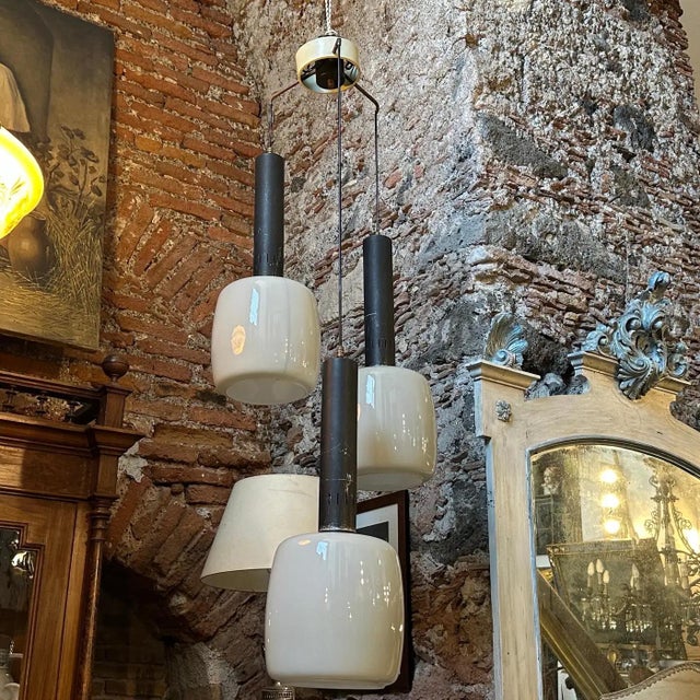 1960s Stilnovo Attributed Mid-Century Modern Gray Opaline Italian Chandelier For Sale - Image 10 of 13