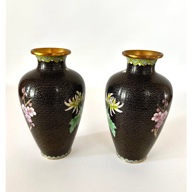 1980s Small Bookend Matched Pair of Chinese Cloisonné Vases With Chrysanthemum Flowers For Sale - Image 5 of 8