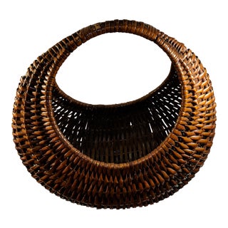 Vintage Dark Wicker Circular Gathering Basket For Sale