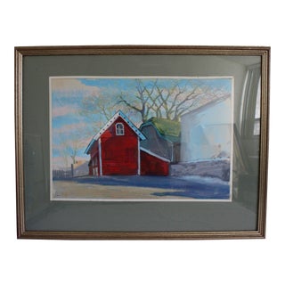 1988 "Red Barn, Englewood, NJ" Oil Pastel Drawing by John Elliot, Framed For Sale