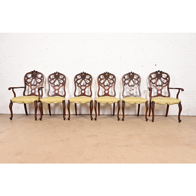 An outstanding set of six antique French Provincial Louis XV style dining chairs By Romweber USA, Circa 1920s Carved...