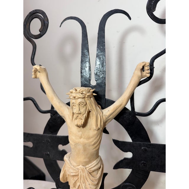 Large Vintage Carved Wood Wrought Iron Religious Wall Crucifix Cross Sculpture For Sale - Image 9 of 14
