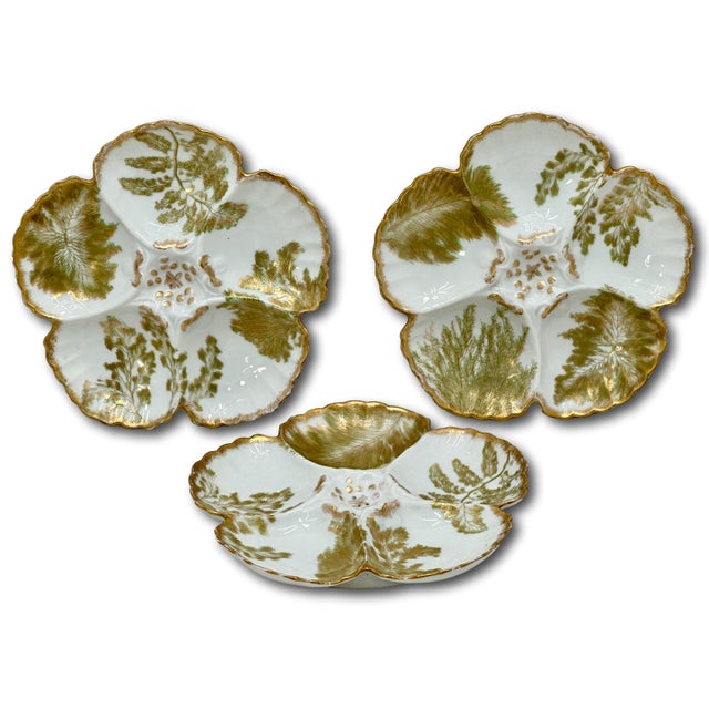 Antique French Limoges Porcelain Oyster 22k Gold & Ferns Decorated Plates Set of 7 For Sale - Image 10 of 18