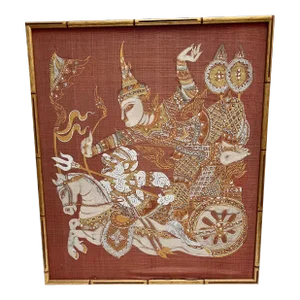 Vintage Exotic Framed Silk Asian Warrior Motif Fabric in Bamboo Frame