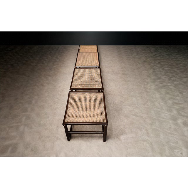 Mid-Century Modern Brazilian Rosewood and Cane Four Seat Bench With Ivory Boucle Cushions, Brazil, 1960s For Sale - Image 3 of 13