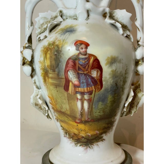 French Antique 1800's Hand Painted Figural Porcelain Brass French Electrified Vase Lamp For Sale - Image 3 of 11
