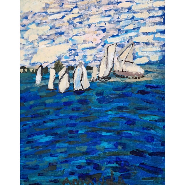 Hand-Painted Acrylic Impasto Seashore Painting With Sailboats and Black Beachgoers For Sale - Image 10 of 11