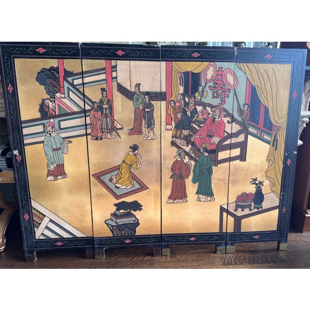 Chinoiserie 4 Wall Panel depicting Japanese ceremony. Folding hardware are missing. Lightweight and easy to hang....