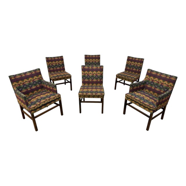 Vintage Dunbar Style Geometric Upholstered Dining Chairs - Set of 6 For Sale