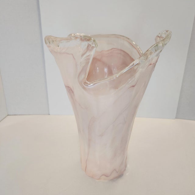 Murano Vintage Italian Murano Lavorazione Style Pink & White Swirled Ruffled Glass Vase For Sale - Image 4 of 8
