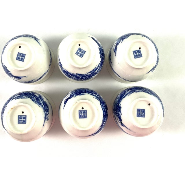 1950s Japanese, Hand Painted Blue and White Stoneware- Flared Rim Sake Cups– Set of Six For Sale - Image 4 of 6