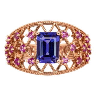 1.4Ct Statement Tanzanite Ring With Pink Sapphire Accents: Solid 14k Gold, 8x6mm, Size 6.75 For Sale