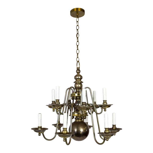 Dutch Baroque Style 2-Tier Aged Brass 12-Light Chandelier For Sale