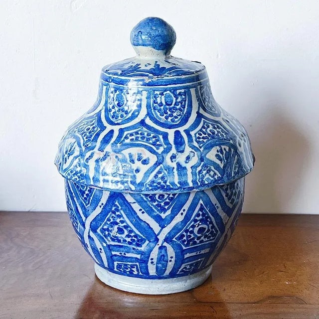 Antique Blue and White Lidded Pottery Jar Beautiful patina, attributed to Morocco Measures approx 10H x 8D Please visit my...
