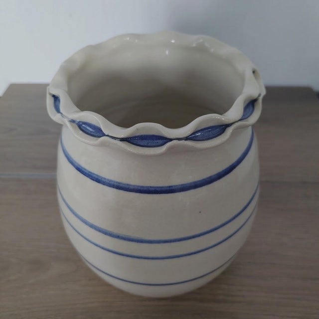 Signed by Master Potter Rodrigo Blue Striped w/Oatmeal White Base Subtle Glaze Great for Rustic Farmhouse Decor or...