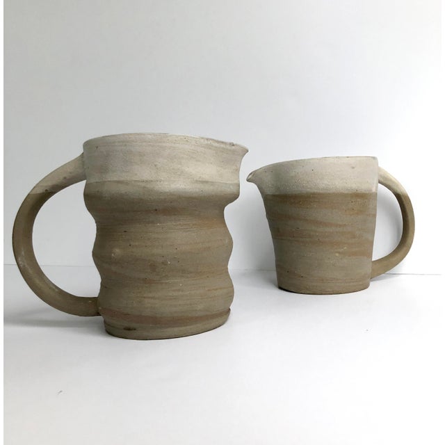 Contemporary Pair of Rustic Modern Hand-Thrown Pitchers For Sale - Image 3 of 9