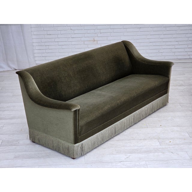 Vintage Danish Three-Seater Sofa in Green Furniture Velour and Beech Wood, 1970s For Sale - Image 9 of 18