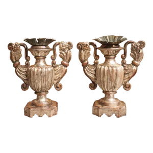 Pair of Fluted Silver Giltwood Pricket Candlesticks From Tuscany, Italy
