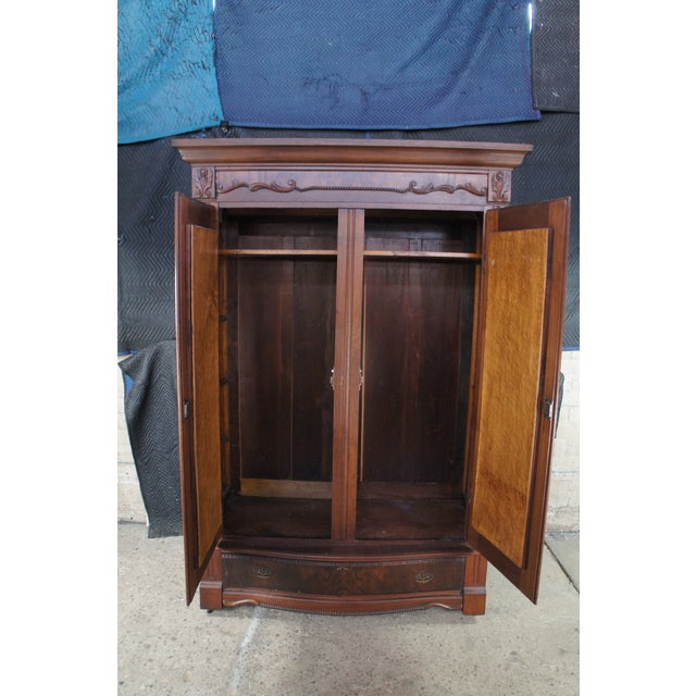 Wood Antique Victorian Walnut Mirrored Clothing Armoire Wardrobe Closet Cabinet 87" For Sale - Image 7 of 17