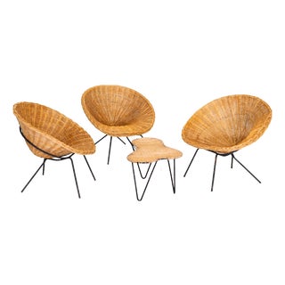 Rattan Salon Table and Chairs by Raoul Guys, 1950, Set of 4 For Sale