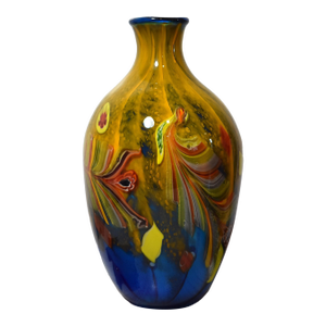 Vintage Murano Style Blown Art Glass Vase Colorful Peacock Feather Motif