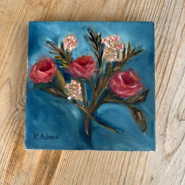 2020s Small Contemporary Roses With Gold Accents & Teal Background, Painted on Linen Style Canvas by American Artist Kristin Ashman. “Golden Teal.” For Sale - Image 5 of 9
