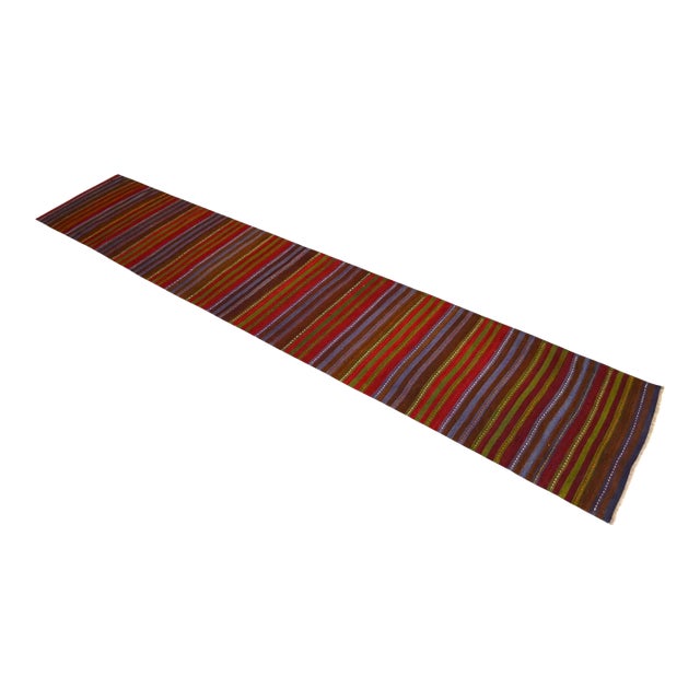 1970s Flat Weave Runner Rug Turkish Kilim Hallway Rug - 2′7″ × 14′1″ For Sale