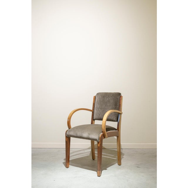 Period Art Deco style chairs, consisting of ten pieces: eight armless and two armchairs. The frames are made of honey-...