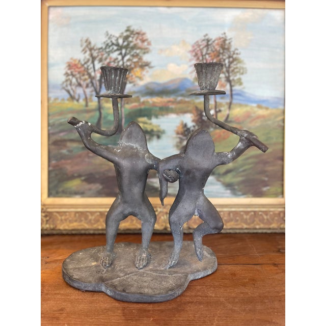 Mid 20th Century Whimsical Vintage Dancing Frog Candelabra With Dual Candle Holders, Likely Mid-20th Century Folk Art. For Sale - Image 5 of 9