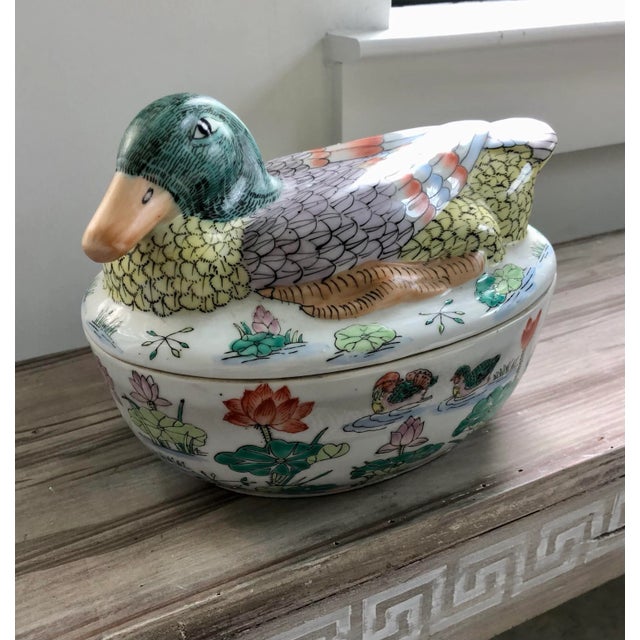 Vintage Famille Rose Hand-Painted Polychrome Duck Covered Box/Tureen For Sale - Image 4 of 13