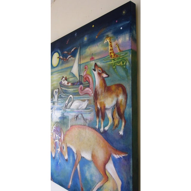 Surrealism Moonlit Menagerie by Zoa Ace | Oil on canvas depicting various animals in a nighttime scene. For Sale - Image 3 of 4