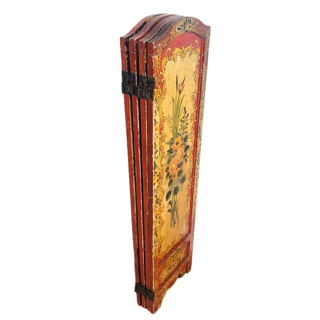 Antique Italian Floral Scarlet & Black Venetian Painted 4 Panel Folding Screen For Sale - Image 9 of 15