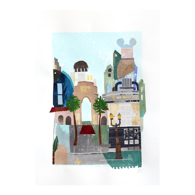 Hollywood Boulevard - Original Los Angeles Cityscape Mixed Media and Collage Painting on Paper by Maria C Bernhardsson For Sale