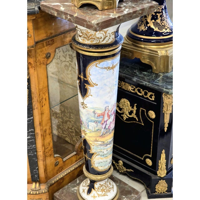French Sevres Porcelain Vase & Pedestal Set With Hand-Painted Romantic Scenes, Bronze Mounts & Marble Bases For Sale In Miami - Image 6 of 6