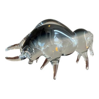Vintage Formia Murano Blue and Clear Glass Bull Sculpture For Sale