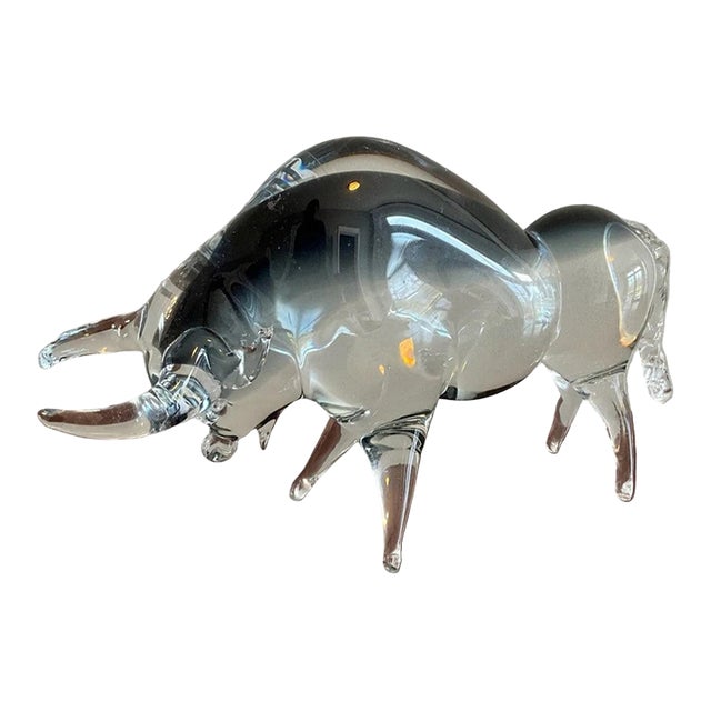 Vintage Formia Murano Blue and Clear Glass Bull Sculpture For Sale