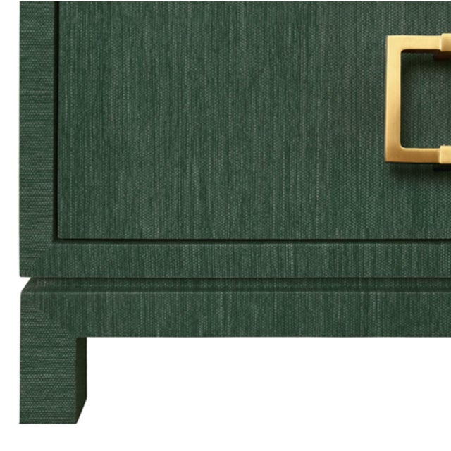 Matthew Izzo Home Cole Green Dyed Grasscloth Two Drawer Side Table/Nightstand With Glass Top and Large Square Brass Handle For Sale In New York - Image 6 of 11