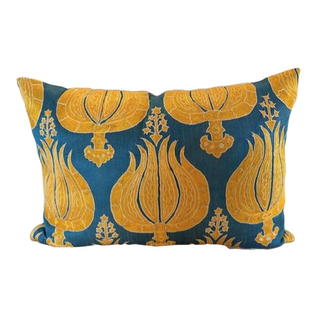 Blue and Yellow Silk Pillow For Sale