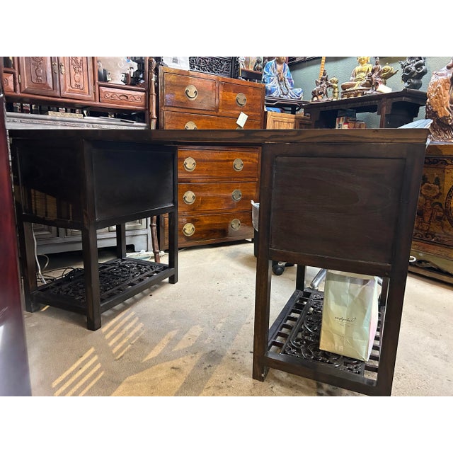 Chinese Dark Brown Panel Carving Wood Editor Office Writing Desk Table Cs6960 For Sale - Image 10 of 12