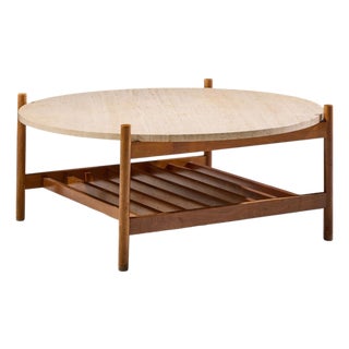 Folke Ohlsson for Dux Style Mid Century Teak and Travertine Top Coffee Table For Sale