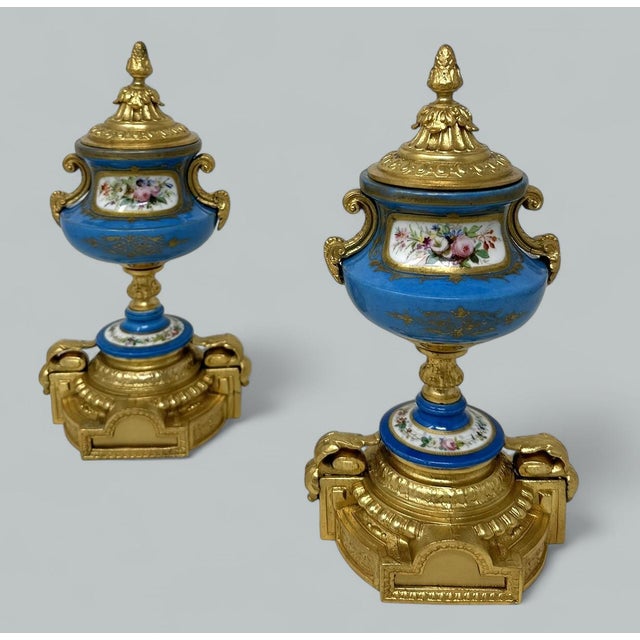 French Antique Pair Celeste Blue French Sèvres Porcelain Ormolu Urns Vases Centerpiece For Sale - Image 3 of 7
