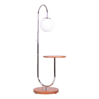 Czech Bauhaus Floor Lamp in Oak, Chrome and Glass attributed to Robert Slezak, 1930s For Sale