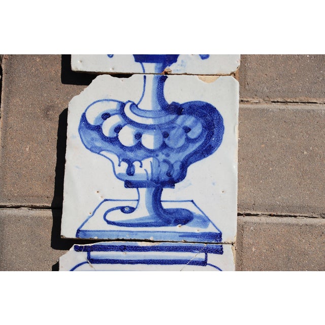 Antique 18th Century Blue & White Set of Four Tiles With Angel Above Flower Vase For Sale - Image 4 of 6