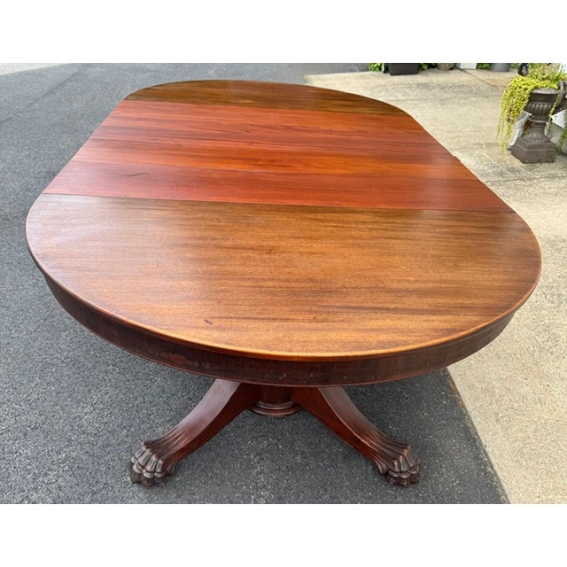 Wood Antique 54" Round Mahogany Pedestal Base Dining Table With 4 Leaves For Sale - Image 7 of 16