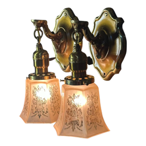 Antique Small Sconces With Amber Glass Shades - a Pair