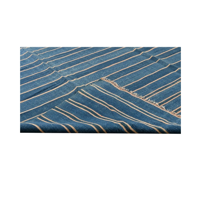 Textile 1950s Vintage Dhurrie Flat Weave in Blue Stripes by Rug & Kilim For Sale - Image 7 of 7