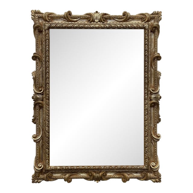 Vintage Overscaled Italian Neoclassical Style Carved Wood Beveled Mirror For Sale