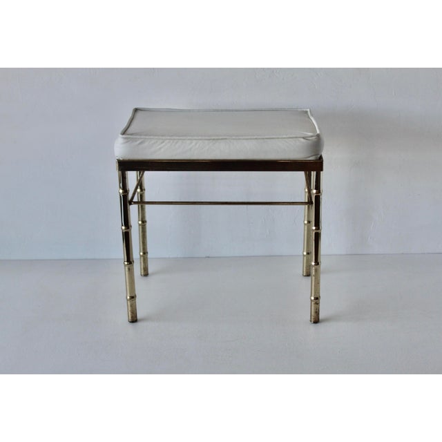 George Koch Style Faux Bamboo Brass Rectangular Padded White Vinyl Seat Vanity Stool Bench Vintage Hollywood Regency For Sale - Image 4 of 17