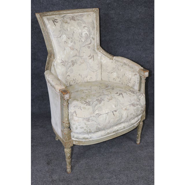 Wood Pair 18th Century French Louis XVI Distressed Painted Bergères For Sale - Image 7 of 17