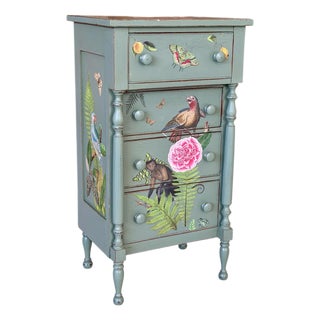 Custom Painted Tropical Decoupage Appliqué Four Drawer Chest For Sale